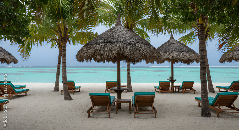 Obraz premium Beachfront Scene with Palm Trees Umbrellas and Lounge Chairs on White Sand Under Bright Sky