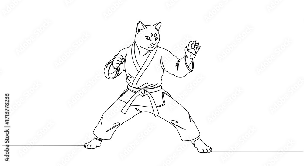 Fototapeta premium Cartoon Cat in Karate Gi Performing Martial Arts Pose on White Background