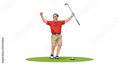 A golfer in red shirt and khaki shorts celebrates a successful shot with arms raised and golf club in hand.