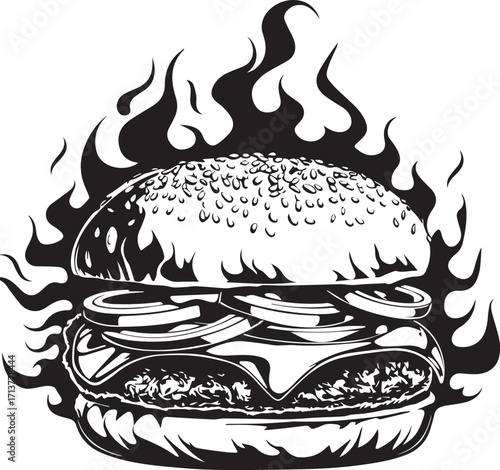 Burning Burger: A fiery burger illustration with a sesame seed bun, juicy beef patty, crisp lettuce, tomato slices, melted cheese, and onion rings engulfed in a halo of blazing flames.