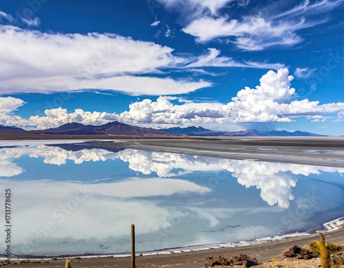 Tranquil Salt Flat Reflecting a Cloudy Sky.