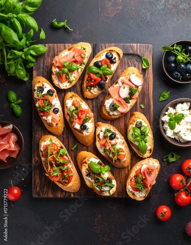 Overhead View of Delicious Bruschetta with Various Toppings and Fresh Ingredients