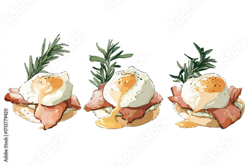 Watercolor Illustration of Three Eggs Benedict on English Muffins with Rosemary Garnish and Hollandaise Drizzle