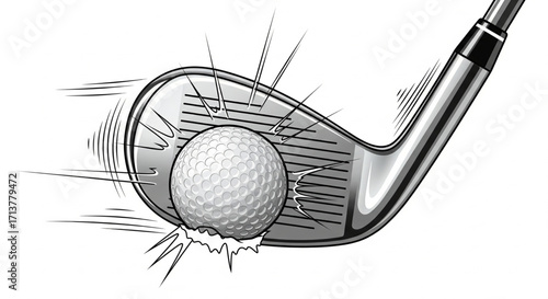 Golf club impacting golf ball, dynamic action shot showing club face, ball compression, and speed lines.