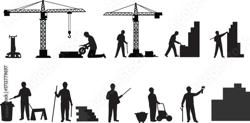 Silhouettes of Construction Workers with Cranes, Building Blocks, and Tools – Vector Black and White Illustration