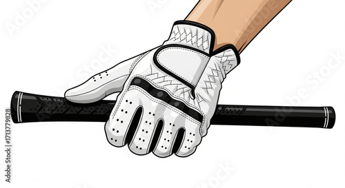 Illustration showing a gloved hand gripping a golf club for a swing.