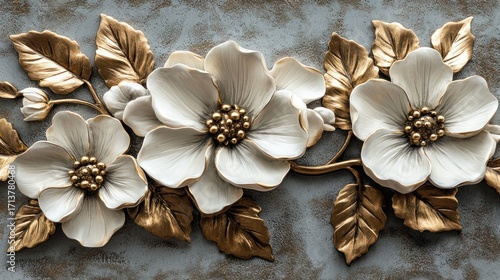 Decorative embossed flowers on a gray textured background. Possible use Home decor, wallpaper design