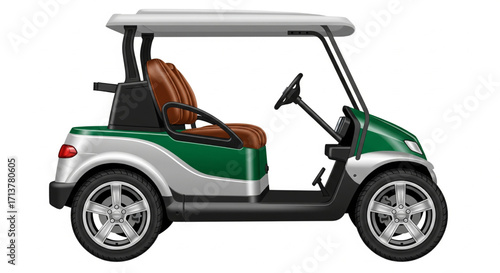 A side view illustration of a green and silver golf cart with brown seats and a canopy.