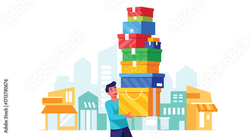 Illustration of a man carrying a huge pile of colorful gift boxes, symbolizing shopping frenzy, sales, celebrations, and festive retail.