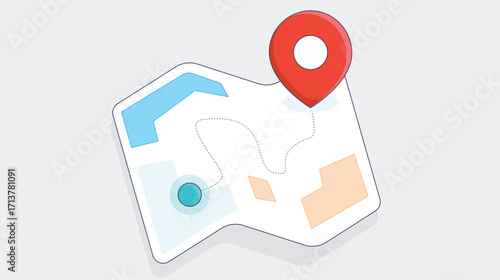 A colorful folded map featuring a prominent location mark on it, highlighting a specific point of interest. The map is vibrant and detailed