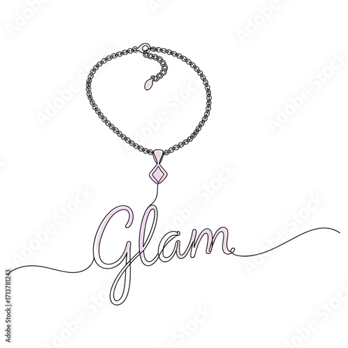 Chic necklace design with "Glam" text in elegant script, sophisticated style, copy space
