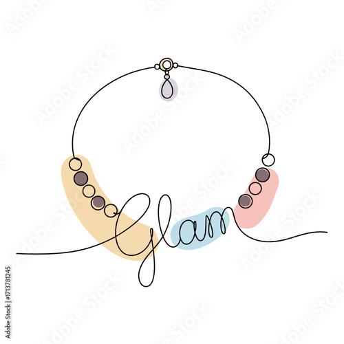 Minimalist necklace design with "Glam" text in elegant style, colorful accents, copy space
