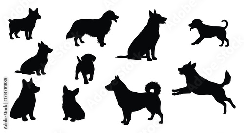 Collection of various dog silhouettes in different postures and breeds