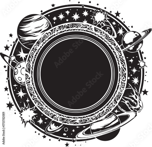 Celestial Cosmos: A captivating, intricately designed celestial illustration featuring planets and stars.