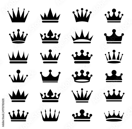 Collection of Black Silhouette Crown Icons on White Background