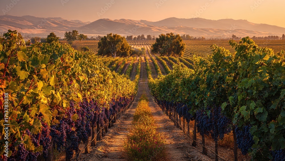 Fototapeta premium Vineyard rows at dawn, golden light on ripe grapes, rolling hills in background