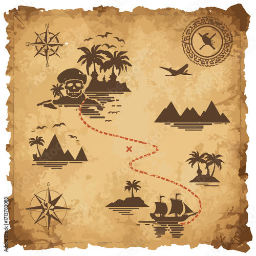 Vintage pirate map featuring a skull and compass. Perfect for piratethemed designs, historical book covers, or adventurous treasure hunt graphics.
