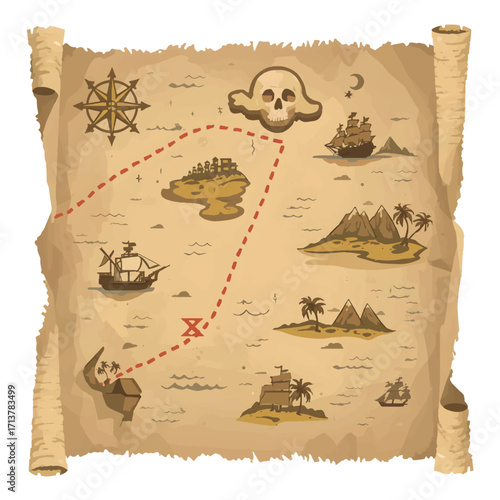 Vintage pirate map with a skull and compass.
