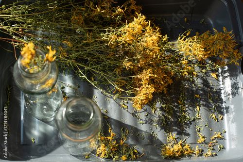 Glass bottle with dried St. John's wort flowers in the background