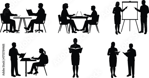 Teamwork collaboration education illustration with students teachers training seminar group discussion learning coaching classroom communication presentation success guidance