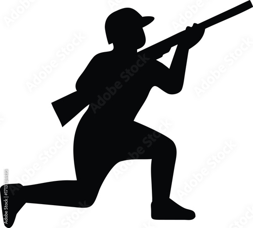 young person with hunting rifle silhouette, dramatic action pose, high contrast black and white, dramatic lighting, detailed realistic rendering
