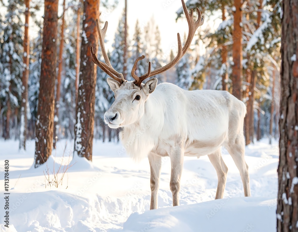 Obraz premium Majestic white reindeer in a snowy forest