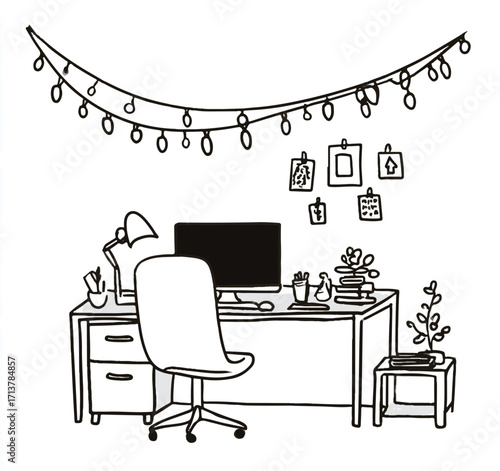 Illustrative Study Room Decor with Desk Computer Chair and Cozy Light Bulbs Overhead Creating Relaxing Atmosphere
