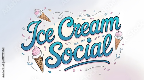 Playful Ice Cream Social Graphic with Teal Lettering and Sprinkled Cones