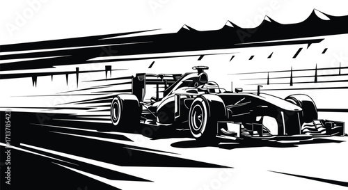 Black and white illustration of race car in motion on track, symbolizing motorsport speed, performance, and competition culture.