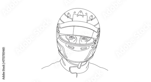 Sketch of racing driver helmet portrait, symbolizing motorsport safety, speed, and professional racing identity.