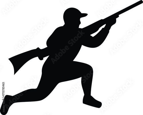 detailed silhouette of a person in a hunting pose, holding a rifle, high contrast black and white, minimalist, simple, striking, dramatic
