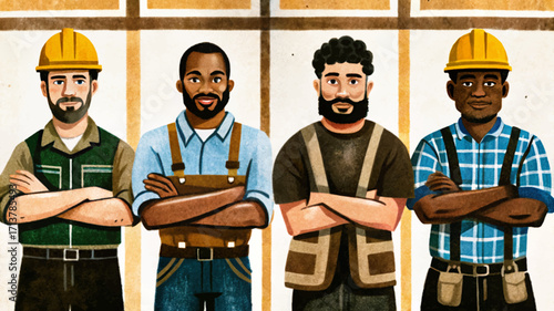 Set vector of male builder illustration. Man in safety gear with hard hat and vest confidently posing with crossed arms, symbolizing construction, strength, and professionalism.