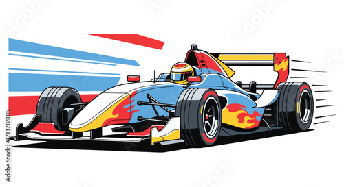 Formula 1 car illustration in motion with dynamic red and blue streaks, symbolizing speed, power, and motorsport performance.