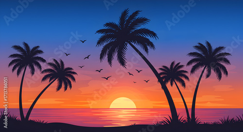Pixel Art Sunset Over Ocean with Palm Trees Silhouettes