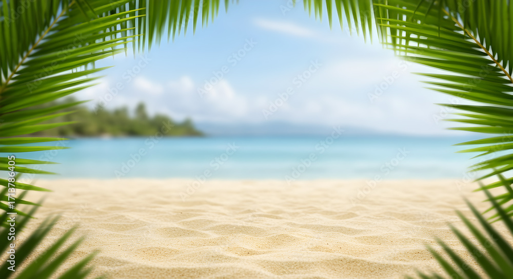 Fototapeta premium Sandy Beach and Turquoise Ocean View Framed by Palm Leaves