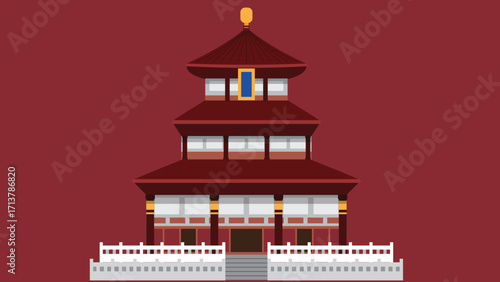 illustration of a Chinese temple isolated against a clean background, showcasing traditional architectural elements
