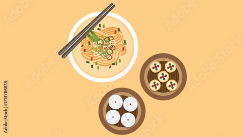 An illustration of various traditional Chinese dishes, showcasing colorful and diverse cuisine such as dumplings, rice, noodles, and vegetables