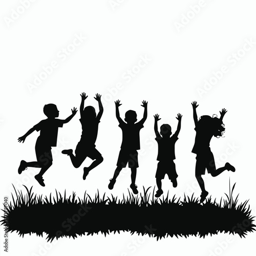 Five children silhouettes jumping in grass kids playing