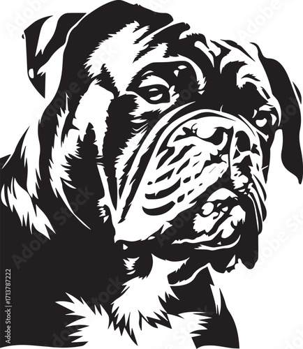 Bulldog Portrait: A striking monochrome portrait of a majestic bulldog, showcasing its distinct breed features and captivating gaze.