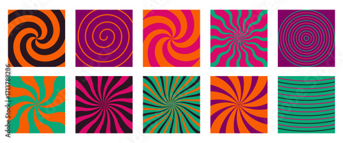Halloween psychedelic spiral, stripe, radial pattern set. Abstract geometric bold texture