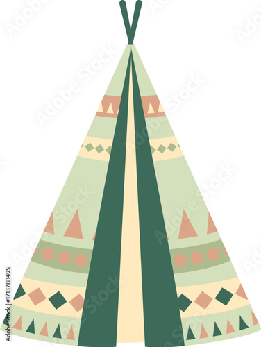 A stylized teepee tent with geometric patterns in muted green, beige, and terracotta colors.