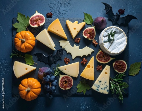 Halloween cheese platter with bat and pumpkin shapes
