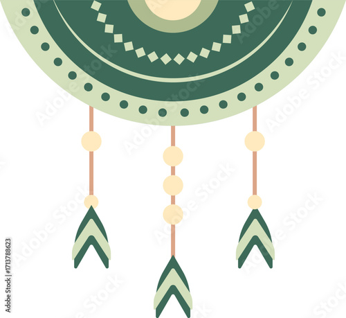 Decorative Green and Beige Dreamcatcher with Geometric and Feather Elements