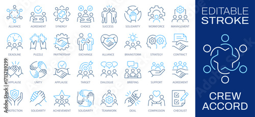 Crew accord dual color icon set, collaboration concept. Synergy, workforce pact, colleague bond, staff concord and coalition signs.