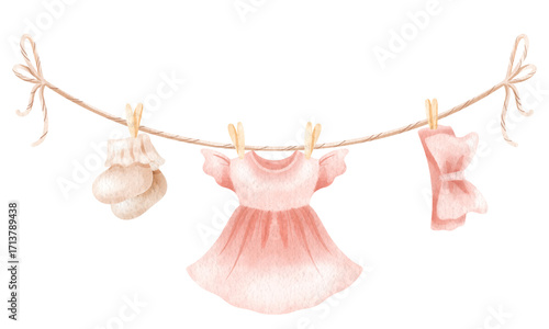 A clothesline with baby clothes for girls. Watercolor illustration for newborns.