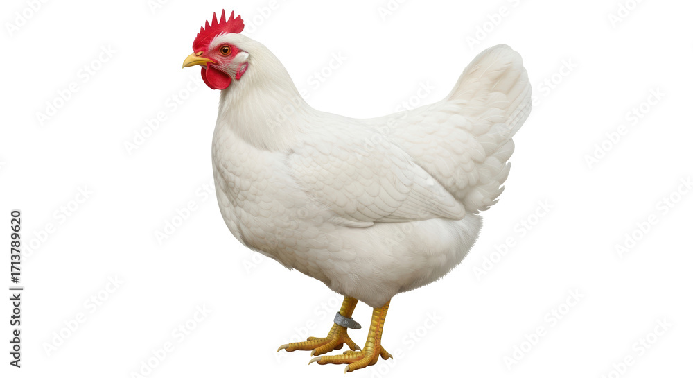 Isolated, beautiful, well-fed white chicken in a relaxed pose, domestic animal in full view