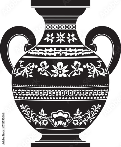 Ancient Urn: A detailed artistic representation of an ancient Greek urn, showcasing intricate floral and geometric patterns, presented in a stark black and white design.