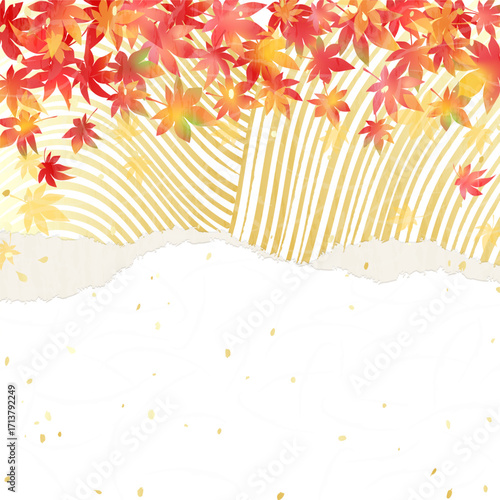 金色の滝に紅葉　和紙風の背景イラスト