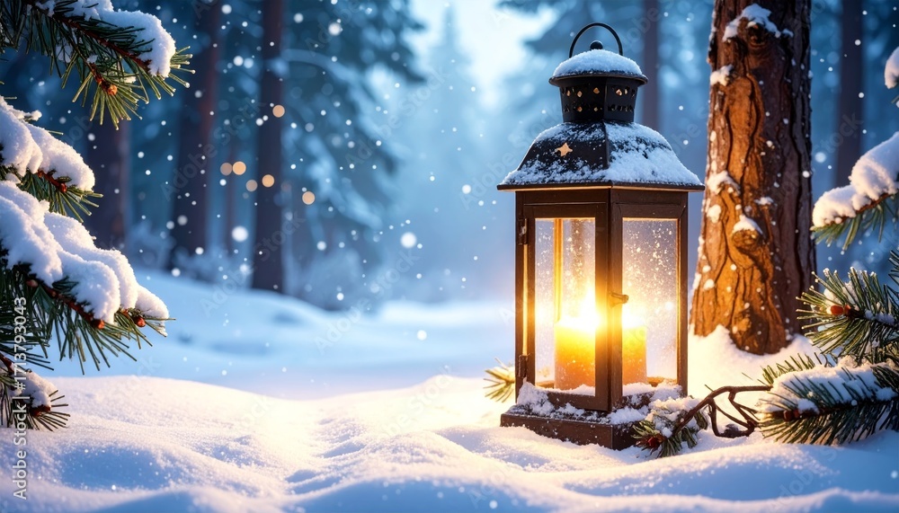 Fototapeta premium A Christmas lantern with a festive star light glows in the cold December snow, illuminating a decorated winter tree