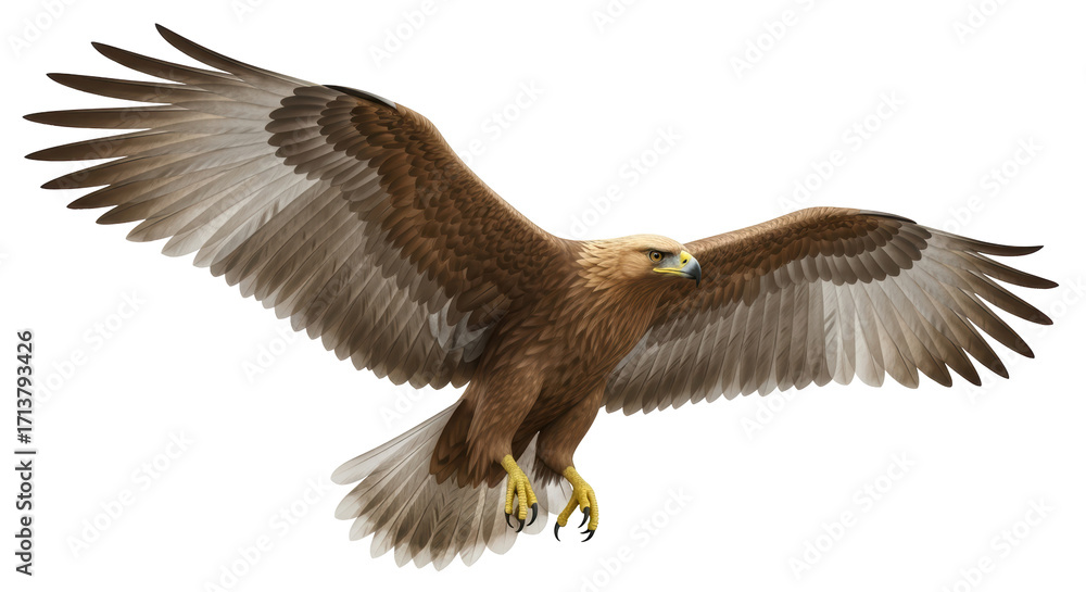 Obraz premium Isolated Golden Eagle in Flight, wings spread, talons extended, brown feathered plumage